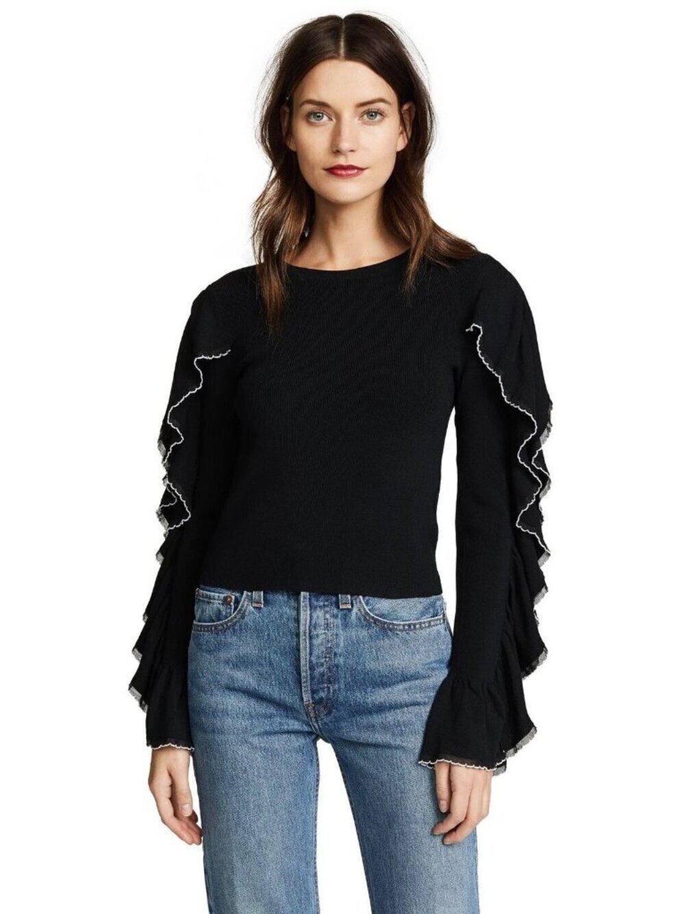 Club Monaco Women Black Sancerie Ruffle Long Sleeve Sweater Top Size Large